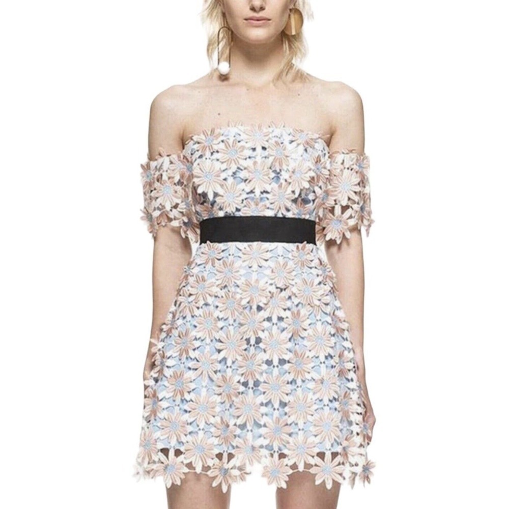 Self-Portrait Off Shoulder 3D Floral Mini Dress Womens Size 8 Easter NWT $580